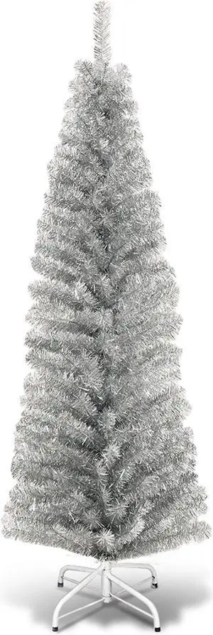 Costway 6FT Silver Tinsel Tree Unlit Slim Pencil Christmas Tree Metal