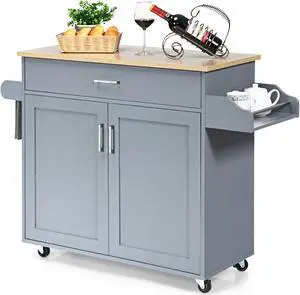 Costway Rolling Kitchen Island Cart Storage Cabinet w/ Towel & Spice Rack Gray