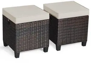 Costway 2PCS Patio Rattan Ottoman Cushioned Seat Foot Rest Coffee Table