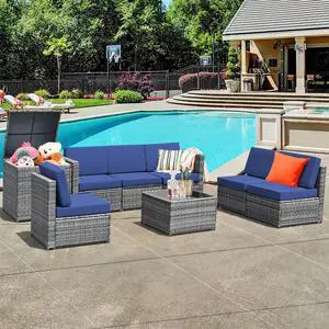 Costway 8 PCS Wicker Sofa Rattan Furniture Set Patio Furniture w/ Storage Table Navy