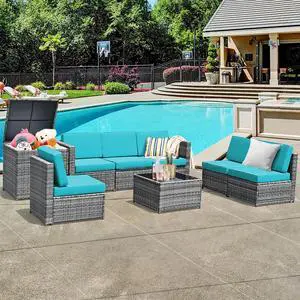 Costway 8 PCS Wicker Sofa Rattan Furniture Set Patio Furniture w/ Storage Table Turquoise