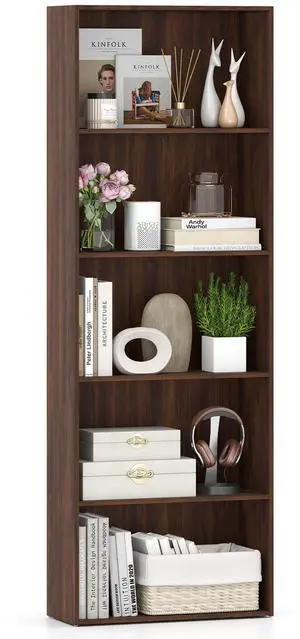 Costway 5-Shelf Storage Bookcase Stand Modern Multi-Functional Display Cabinet Walnut