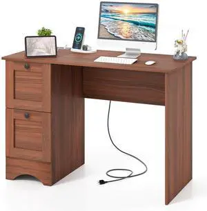 Costway 43" Home Office Desk with Charging Station Compact Study Writing Desk Walnut