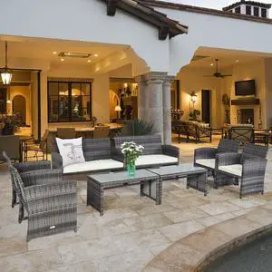 Costway 8PCS Patio Rattan Furniture Set Conversation Glass Table Top Cushioned Sofa, White