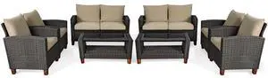 Costway 8PCS Patio Rattan Furniture Set Solid Wood Leg Cushioned Sofa Garden Lawn