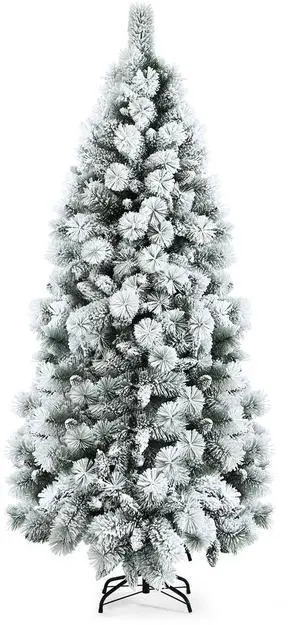Costway 7ft Snow Flocked Hinged Artificial Slim Christmas Tree with Pine Needles