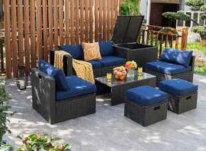 Costway 8PCS Patio Rattan Furniture Set Storage Table Ottoman Navy cover