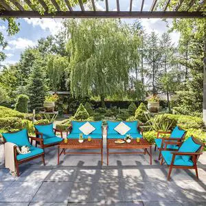 Costway 8PCS Patio Rattan Furniture Set Acacia Wood Frame Cushioned Sofa Chair Turquoise