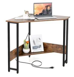 Costway Triangle Computer Desk Corner Desk Home Office w/Power Outlets USB Ports Rustic