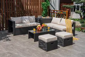 Costway 8PCS Patio Rattan Furniture Set Storage Table Ottoman Off White cover