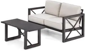 Costway 2PCS Patio Loveseat Coffee Table Set 6''  Thick Cushion Garden Beige