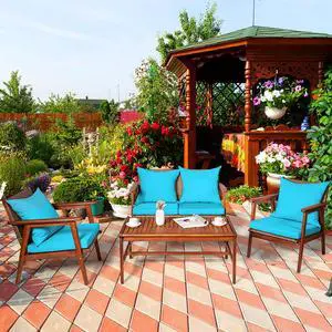 Costway 4PCS Patio Rattan Furniture Set Acacia Wood Frame Cushioned Sofa Chair Turquoise