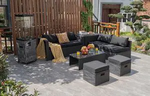 Costway 8PCS Patio Rattan Furniture Set Storage Table Ottoman Black cover