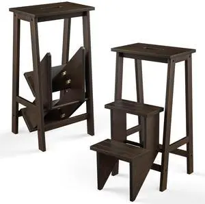 Costway 3 Tier Folding Step Stool 3-in-1 Rubber Wood Ladder Storage Shelf Brown
