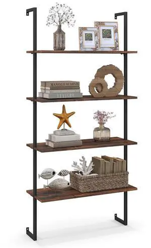 Costway 4-Tier Ladder Shelf Bookshelf Industrial Wall Shelf w/Metal Frame Rustic Brown