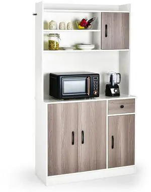 Costway 4-Door 71'' Kitchen Buffet Pantry Storage Cabinet w/Hutch Adjustable Shelf White