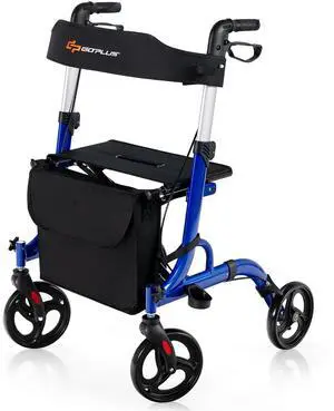 Costway Rollator Walker w/ Seat, Folding Aluminum Rolling Walker w/ 8-inch Wheels, Blue