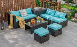 Costway 8PCS Patio Rattan Furniture Set Storage Table Ottoman Turquoise cover