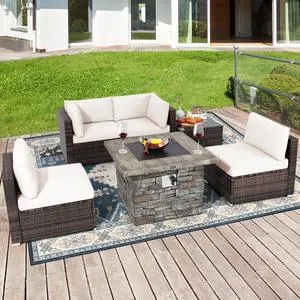 Costway 6 PCS Patio Wicker Furniture Set 34.5'' Fire Pit Table W/Cover Off White