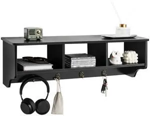 Costway Wooden Wall Mounted Coat Rack Hanging Cubby Organizer Storage Shelf with Hooks Black