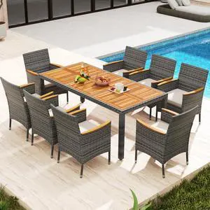 Costway 9PCS Patio Rattan Dining Set Mix Gray Acacia Wood Table Cushioned Chair Costway 9PCS Patio Rattan Dining Set Mix Gray Acacia Wood Table Cushioned Chair