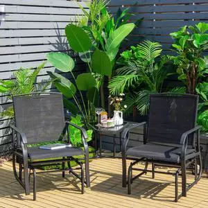 Costway Double Swing Glider Chair Rocker Glass Table Umbrella Hole Black Costway Double Swing Glider Chair Rocker Glass Table Umbrella Hole Black