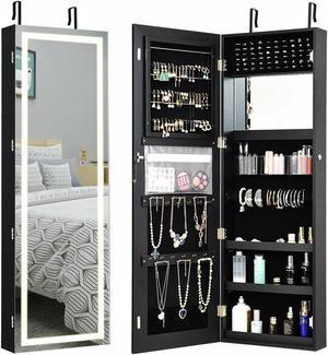 Costway LED Mirror Jewelry Cabinet Wall/Door Mounted  47" Armoire 3 Color Light Black