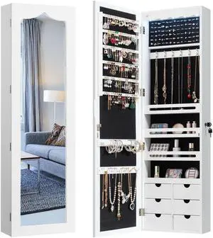 Wall Door Mounted LED Mirror Jewelry Cabinet Lockable Armoire w/6 Drawers White