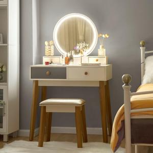 Mordern Vanity Table Set 3 Color Lighting Modes Round Mirrored Dresser & Stool
