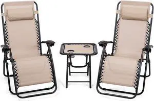 3PC Zero Gravity Reclining Lounge Chairs Pillows Table Portable Folding Beige