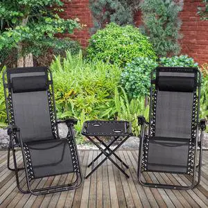 3PC Zero Gravity Reclining Lounge Chairs Pillows Table Portable Folding Black