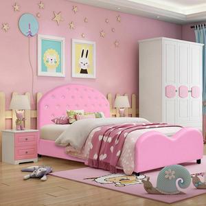 Kids Children PU Upholstered Platform Wooden Princess Bed Bedroom Furniture Pink