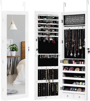 Wall Door Mounted Mirror Jewelry Cabinet Lockable Armoire Organizer w/ LED Light