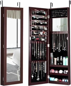 Costway Wall Door Mounted Mirrored Jewelry Cabinet Storage Organizer-Brown