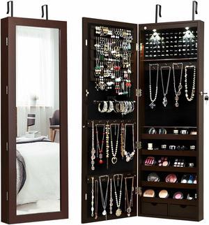 Costway Wall Mount Mirrored Jewelry Cabinet Organizer LED Lights