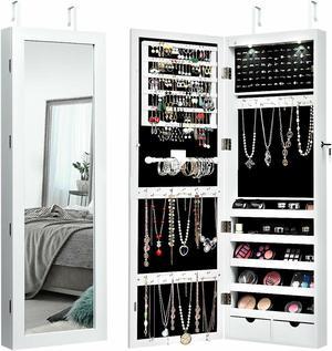 Costway Wall Mount Mirrored Jewelry Cabinet Organizer w/LED Lights