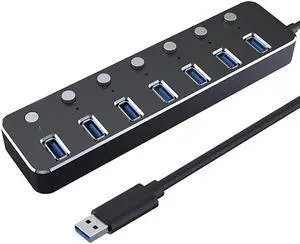 Aluminum 7-Port USB 3.0 Hub 120cm Cable Sub-Control Switch 5Gbps LED Indicator HUB Chargeable Splitter for Multi USB Devices (Color : Black)