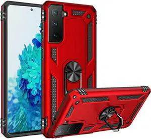 Finger Loop Armor Hybrid Case with 360° Rotating Ring Holder Kickstand for Samsung Galaxy S21 Plus 5G - Red