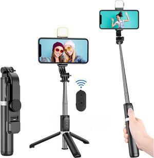 Selfie Stick with LED Light, Wireless Remote Shutter Button and Tripod Base - Black