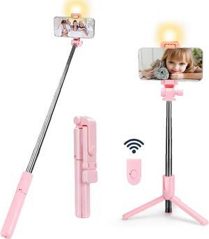 Selfie Stick with LED Light, Wireless Remote Shutter Button and Tripod Base - Pink