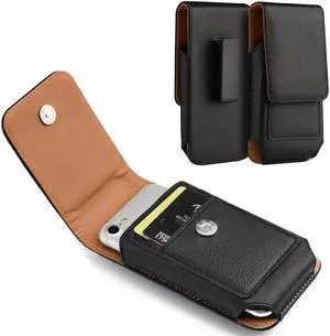 Premium Vertical Leather Belt Pouch (6.5 inch & Above Screen Size) - Black