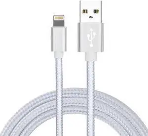 6.5 Ft. High-Speed 3 Amp Nylon Braided Lightning to USB Charge and Sync Cable - Silver
