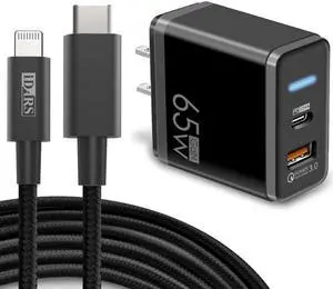 GaN 65W Dual Port 33W USB-C PD Power Delivery + 32W Quick Charge 3.0 Wall Charger + MFi Certified USB-C to Lightning Cable (6 ft) - Black