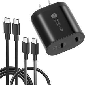 40W Dual USB-C PD 3.0 Power Delivery Wall Charger + 2-Pack USB-C Cable - Black