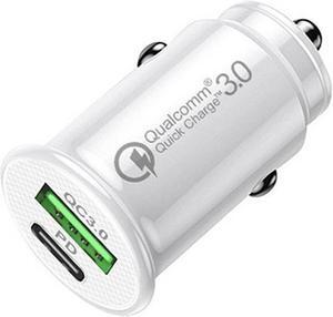 Ultra Compact 18W USB-C PD Power Delivery + Quick Charge 3.0 USB-A Car Charger - White