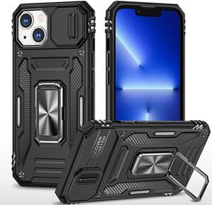 Military Grade Ring Holder Case with Camera Lens Cover for iPhone 14 Plus - Black