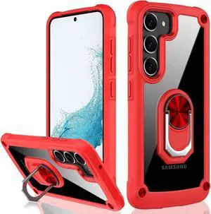 Tough Shield Snap-on Transparent Case with Ring Grip for Samsung Galaxy S23 Plus - Red