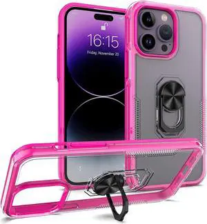 Translucent Series Hybrid Case with Ring Grip for iPhone 14 Pro - Hot Pink