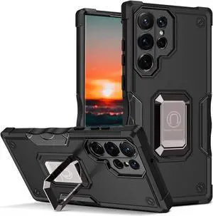 Military Grade Shockproof Hybrid Armor Case with Ring Holder for Samsung Galaxy S22 Ultra 5G - Black