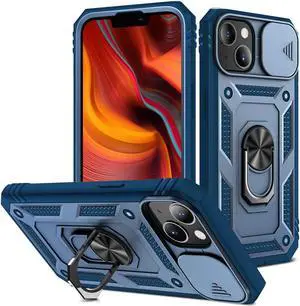 Military Grade Certified Ring Grip Case with Camera Lens Cover for iPhone 14 Pro - Navy Blue